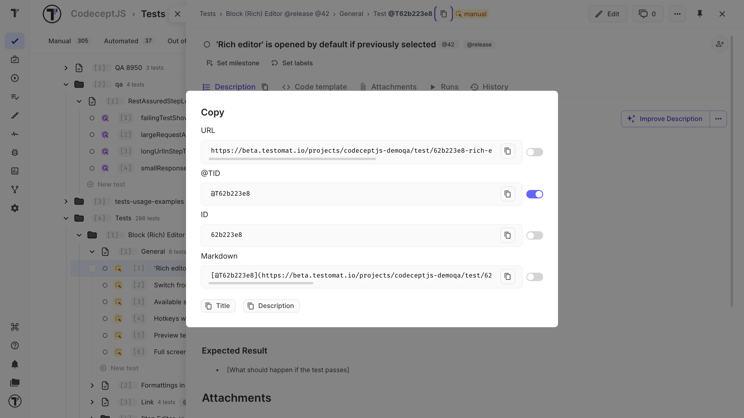 The Copy window with the URL, @TID, ID, and Markdown formats