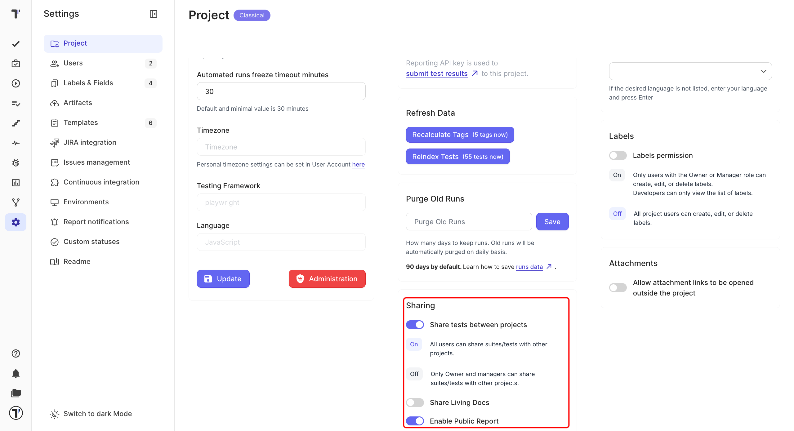 Sharing setting on the Project settings page
