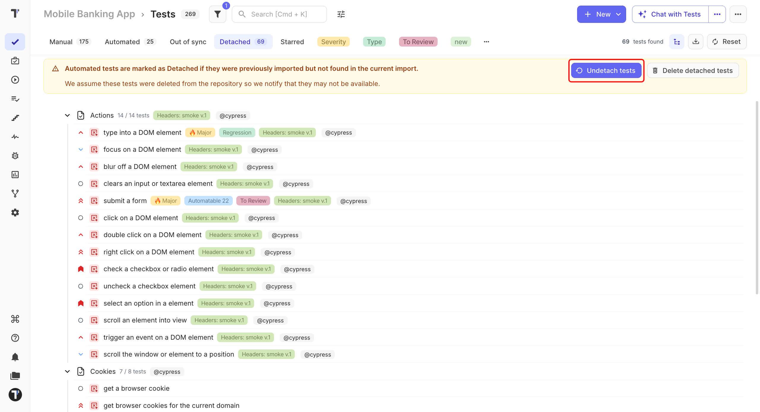 The Undetach tests banner on the Tests page filtered by Detached
