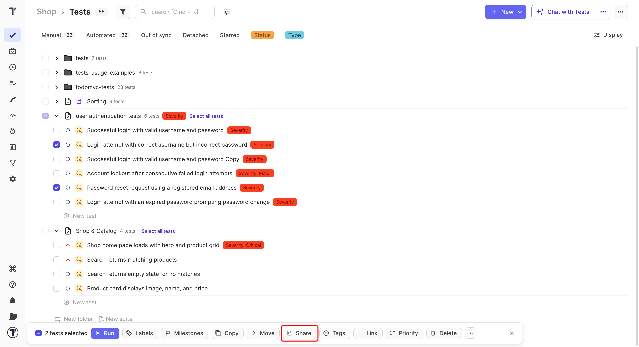 Sharing multiple tests