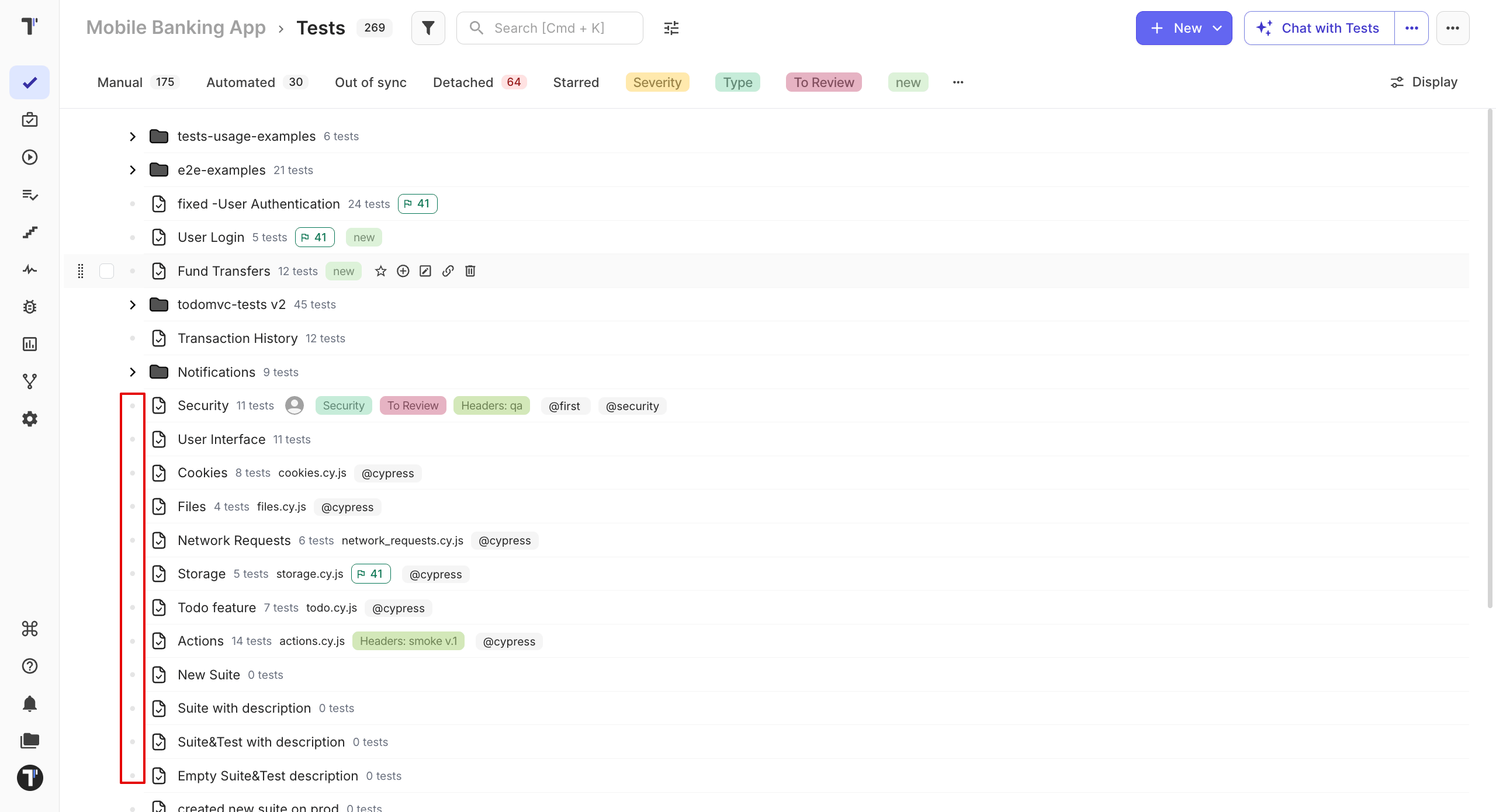 The test tree with tests hidden and only folders and suites shown