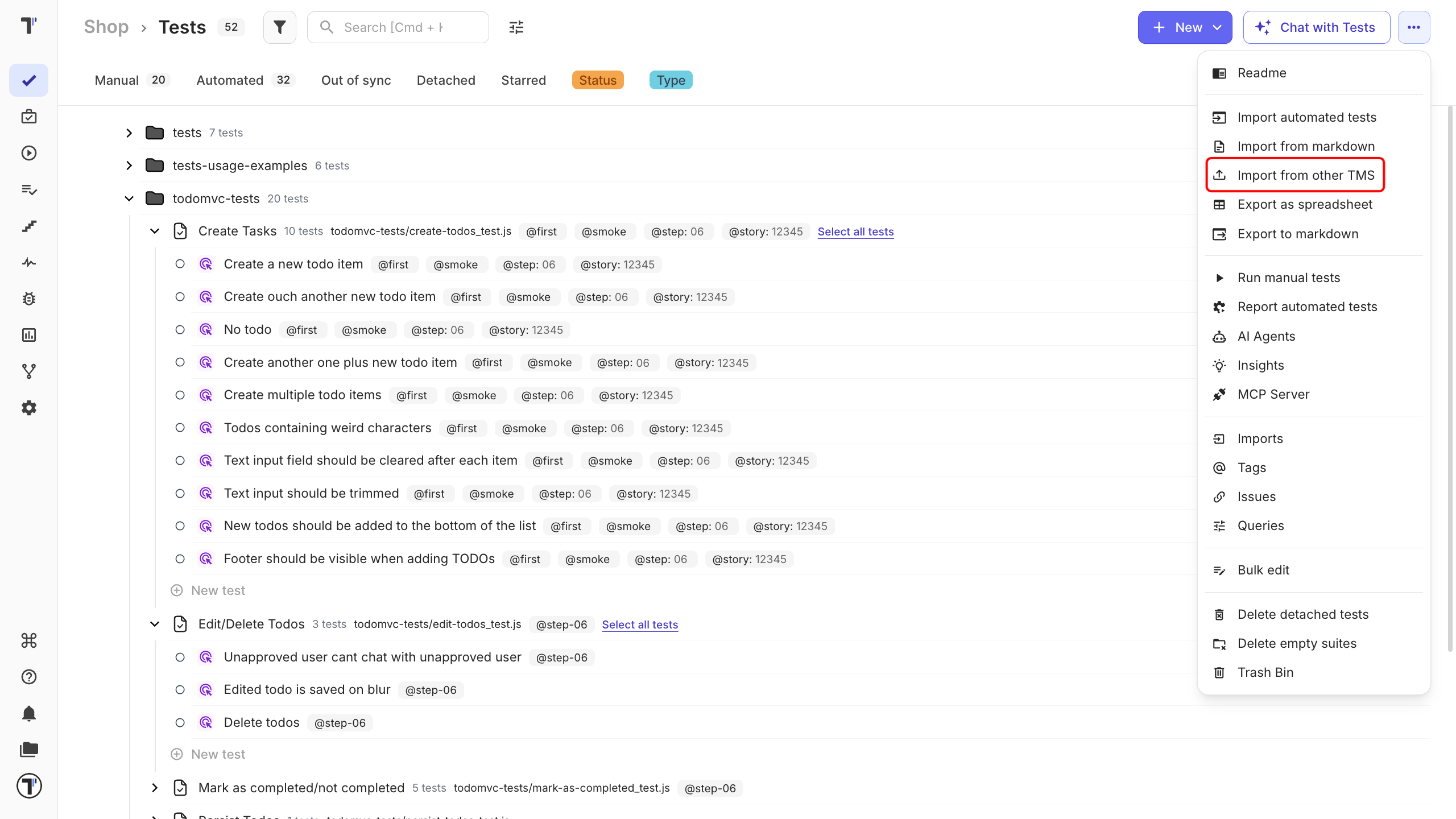 Tests tab with the extra menu